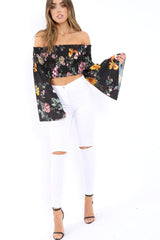 Black Floral Shirred Flared Sleeve Top - Jaasia-Tops