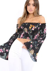 Black Floral Shirred Flared Sleeve Top - Jaasia-Tops