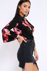 Black Floral Shirt with Bell Sleeves - Harper-Shirts