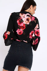 Black Floral Shirt with Bell Sleeves - Harper-Shirts