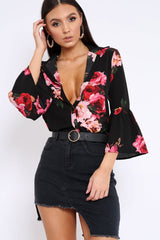 Black Floral Shirt with Bell Sleeves - Harper-Shirts