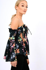 Black Floral Smocked Lace Up Off Shoulder Top - Lorrie-Tops