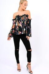 Black Floral Smocked Lace Up Off Shoulder Top - Lorrie-Tops