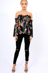 Black Floral Smocked Lace Up Off Shoulder Top - Lorrie-Tops