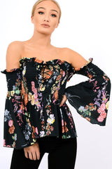 Black Floral Smocked Lace Up Off Shoulder Top - Lorrie-Tops