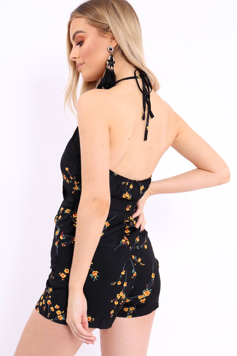 Black Floral Tie Front Cami Playsuit - Franky-Playsuits