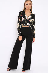Black Floral Tie at Waist Crop Top - Monika-Tops