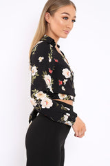 Black Floral Tie at Waist Crop Top - Monika-Tops