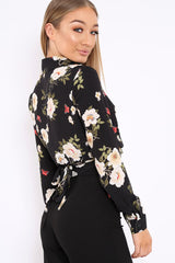 Black Floral Tie at Waist Crop Top - Monika-Tops