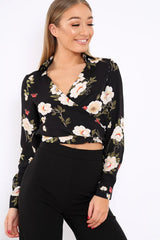 Black Floral Tie at Waist Crop Top - Monika-Tops