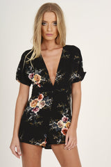 Black Floral V Cut Playsuit - Dianne-Playsuits