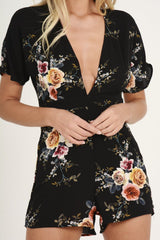 Black Floral V Cut Playsuit - Dianne-Playsuits