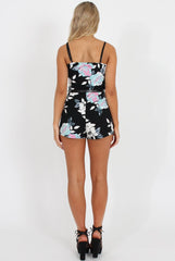 Black Floral V Front Playsuit - Adia-Playsuits