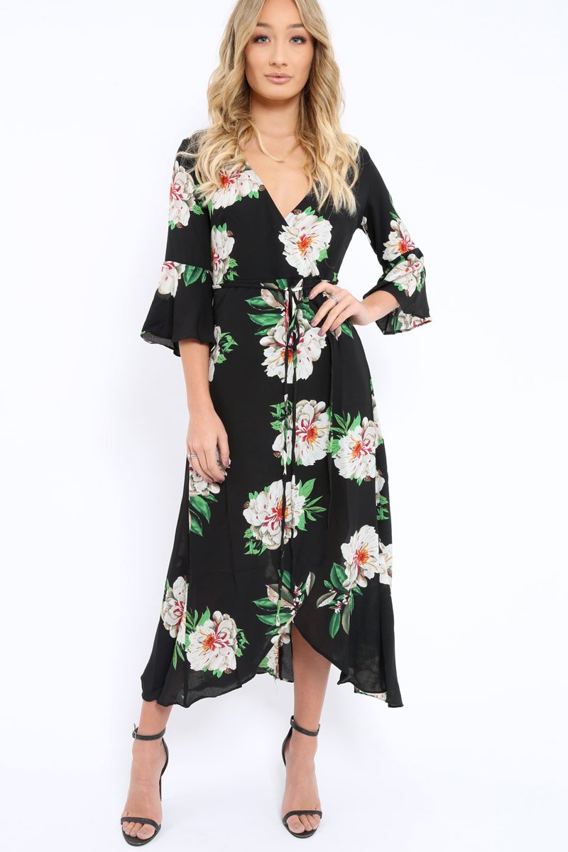 Black Floral Wrap Dress - Adley-Dresses