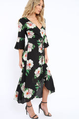 Black Floral Wrap Dress - Adley-Dresses