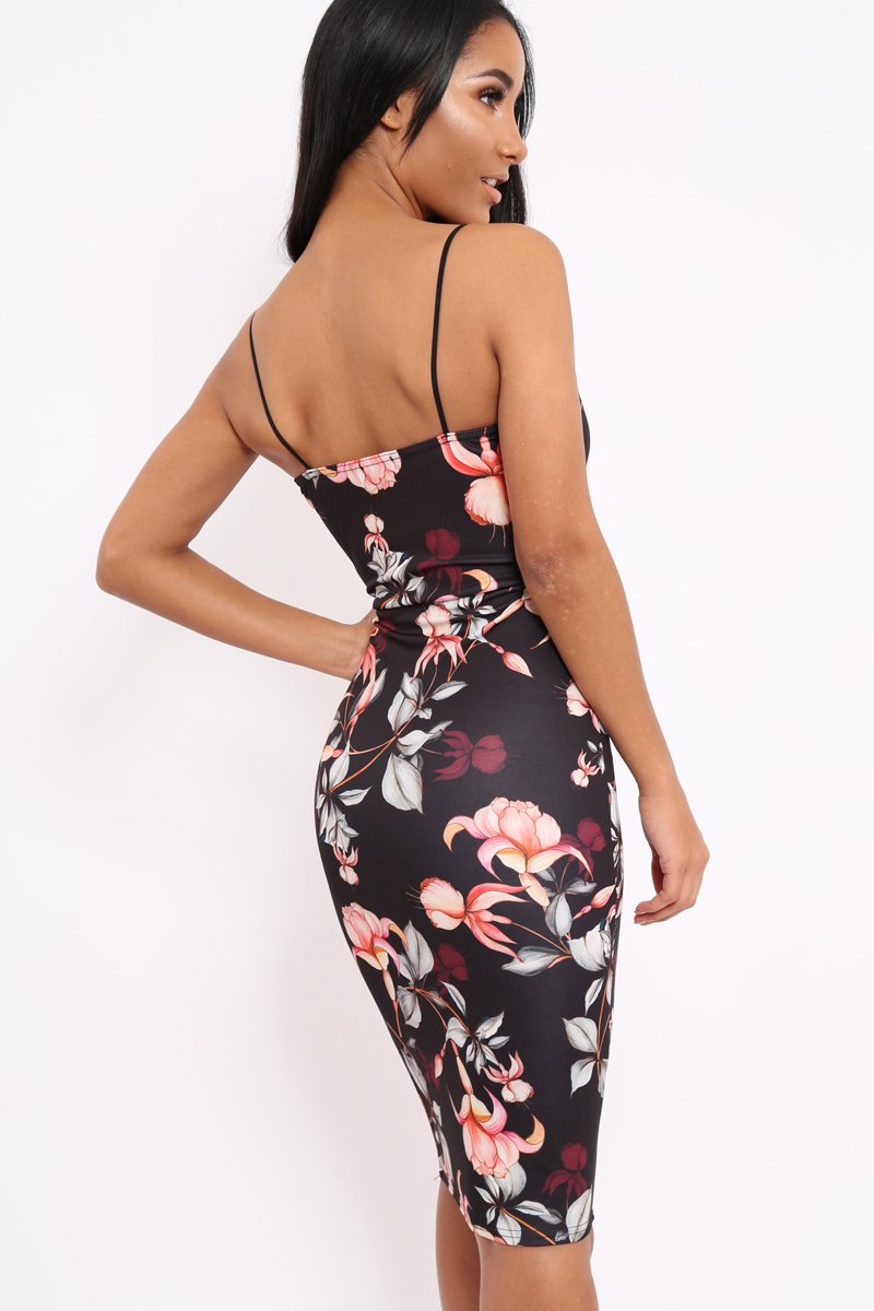 Black Floral Wrap Front Bodycon Dress - Tiniqua-Dresses