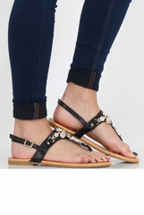 Black Flower Diamante Sandals - Ailish-Sandals