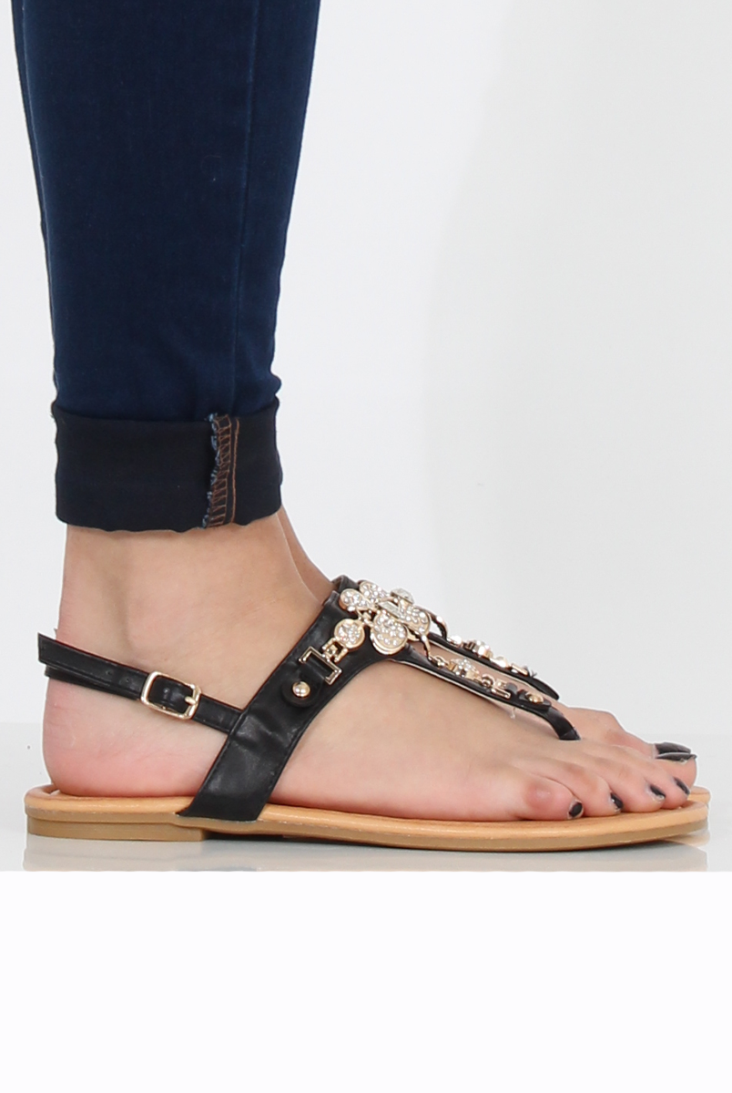 Black Flower Diamante Sandals - Ailish-Sandals