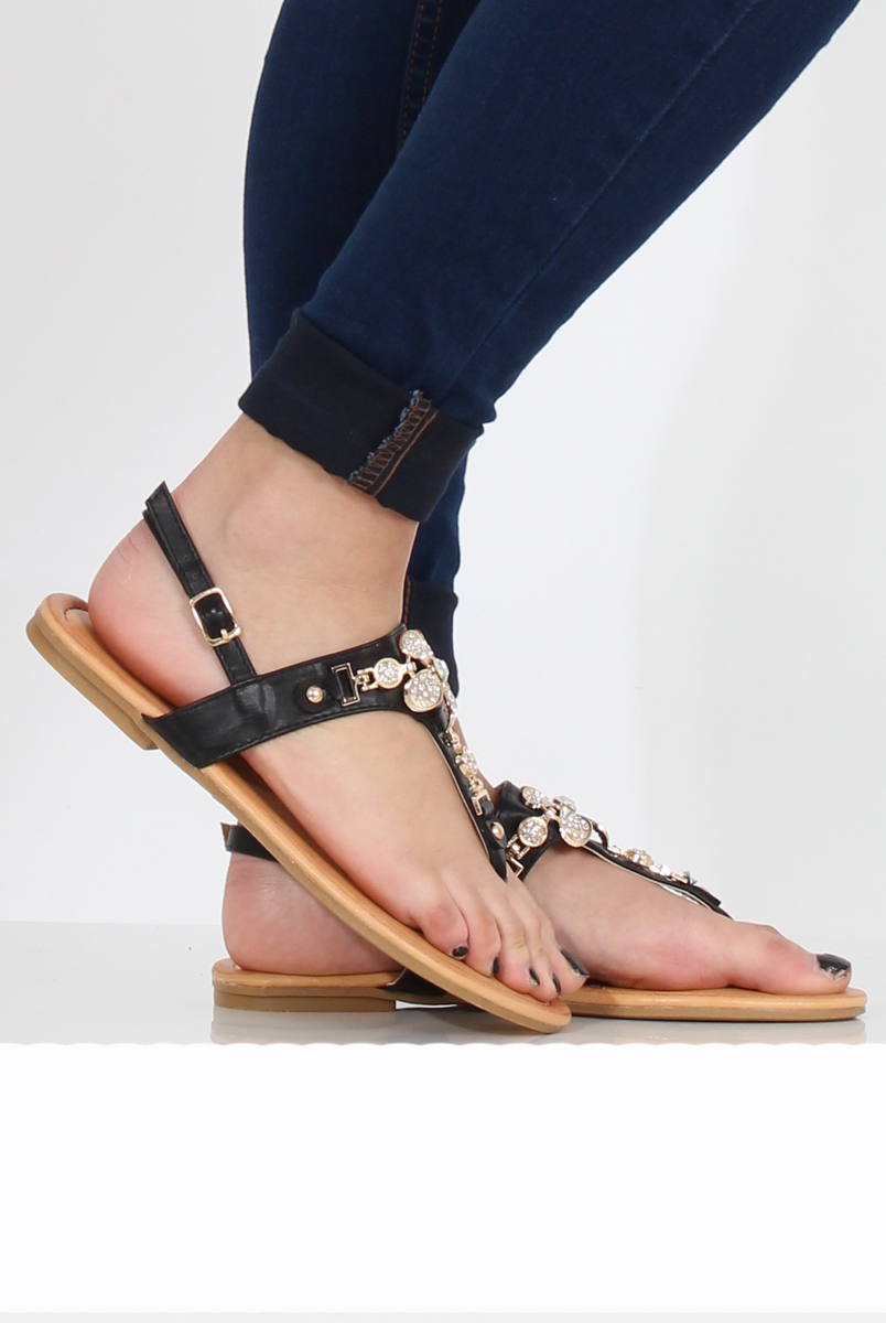 Black Flower Diamante Sandals - Ailish-Sandals