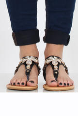Black Flower Diamante Sandals - Ailish-Sandals