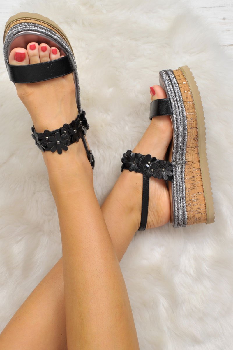 Black Flower Flatform Ankle Strap Sandals - Rylen-Sandals