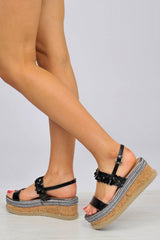 Black Flower Flatform Ankle Strap Sandals - Rylen-Sandals