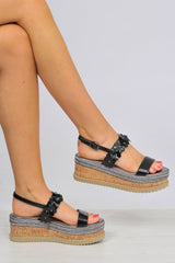 Black Flower Flatform Ankle Strap Sandals - Rylen-Sandals