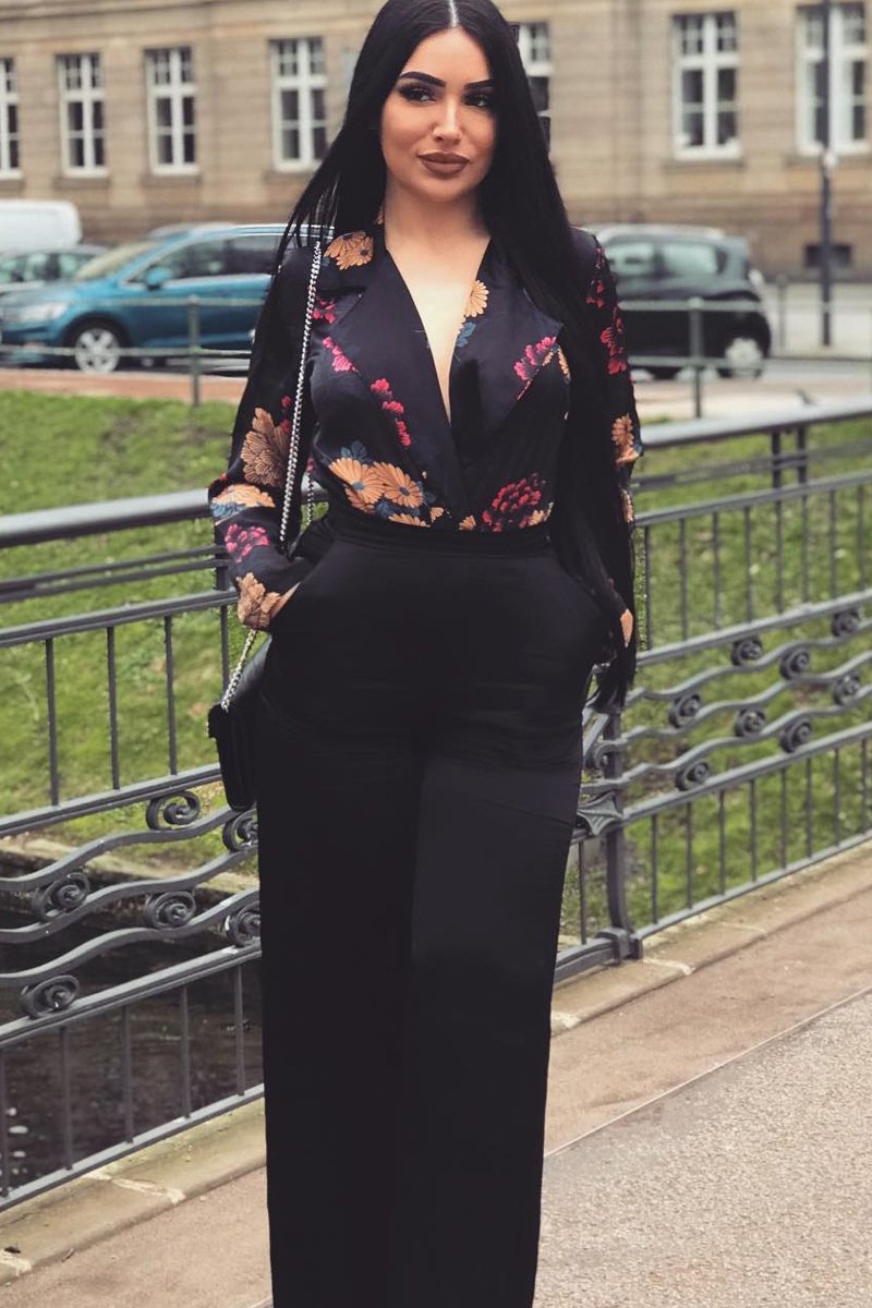 Black Flower Print Plunge Satin Bodysuit - Madelynn-Bodysuits