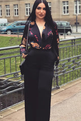 Black Flower Print Plunge Satin Bodysuit - Madelynn-Bodysuits