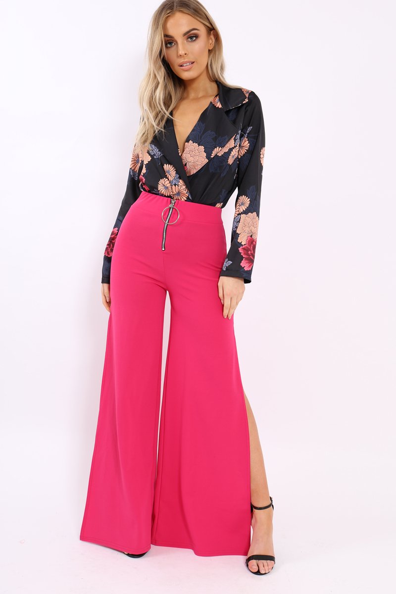Black Flower Print Plunge Satin Bodysuit - Madelynn-Bodysuits