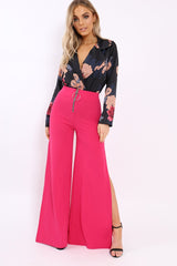 Black Flower Print Plunge Satin Bodysuit - Madelynn-Bodysuits