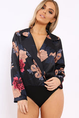 Black Flower Print Plunge Satin Bodysuit - Madelynn-Bodysuits