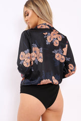 Black Flower Print Plunge Satin Bodysuit - Madelynn-Bodysuits