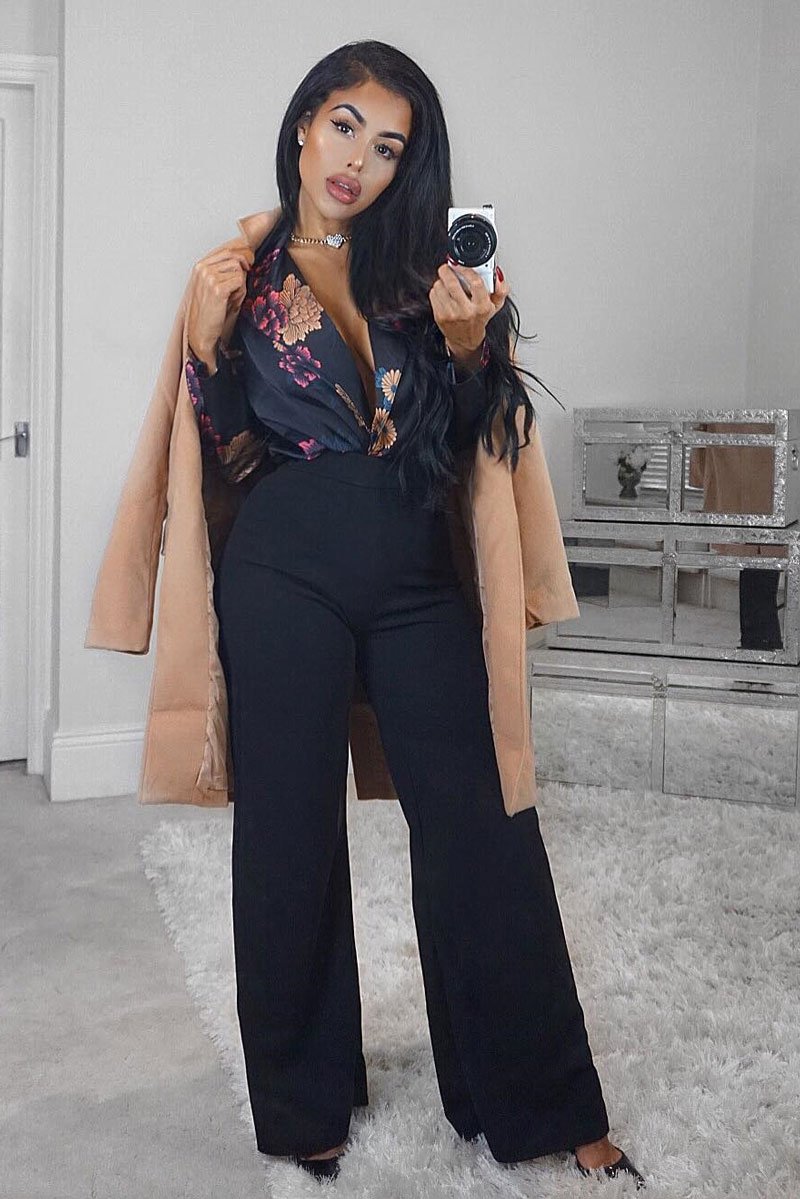 Black Flower Print Plunge Satin Bodysuit - Madelynn-Bodysuits