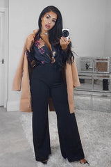 Black Flower Print Plunge Satin Bodysuit - Madelynn-Bodysuits