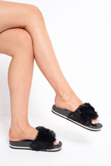 Black Fluffy Faux Fur Studded Sole Sliders -Margy-Sliders