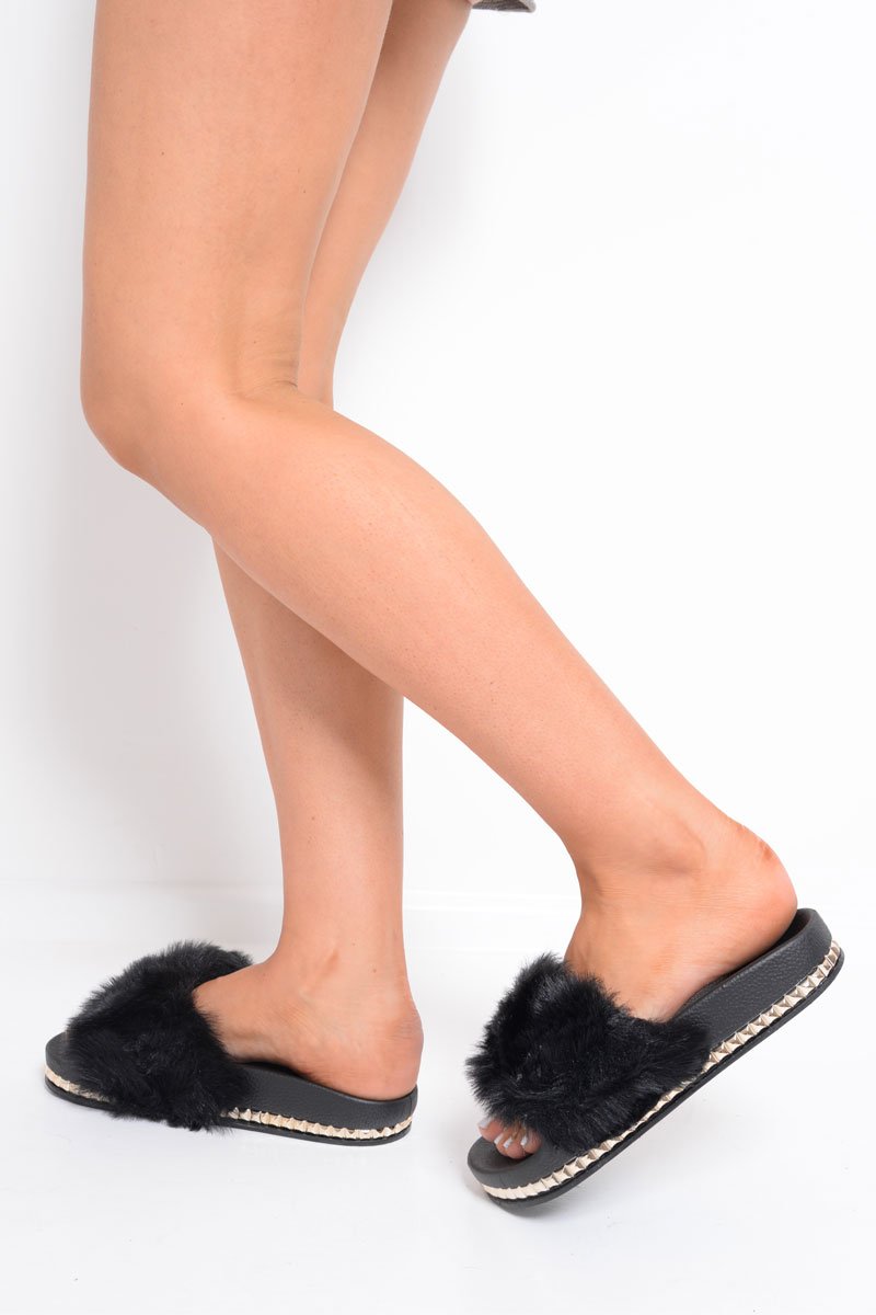 Black Fluffy Faux Fur Studded Sole Sliders -Margy-Sliders
