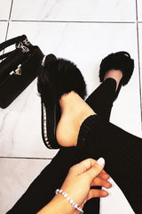 Black Fluffy Faux Fur Studded Sole Sliders -Margy-Sliders