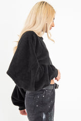 Black Fluffy Long Sleeve Crop Jumper - Noura-Crop Jumper
