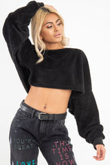 Black Fluffy Long Sleeve Crop Jumper - Noura-Crop Jumper
