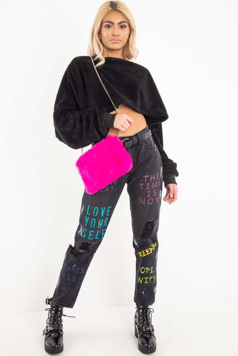 Black Fluffy Long Sleeve Crop Jumper - Noura-Crop Jumper