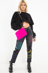 Black Fluffy Long Sleeve Crop Jumper - Noura-Crop Jumper