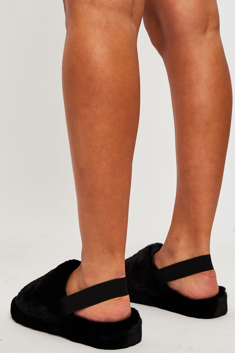 Black Fluffy Strap Sliders - Naria-Slippers