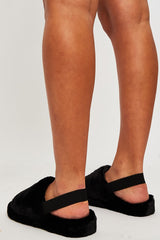 Black Fluffy Strap Sliders - Naria-Slippers