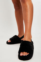Black Fluffy Strap Sliders - Naria-Slippers
