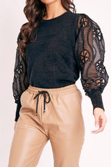 Black Fluffy Yarn Crochet Mesh Sleeve Jumper - Brigitte-Jumper