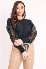 Black Fluffy Yarn Crochet Mesh Sleeve Jumper - Brigitte-Jumper