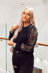 Black Fluffy Yarn Crochet Mesh Sleeve Jumper - Brigitte-Jumper