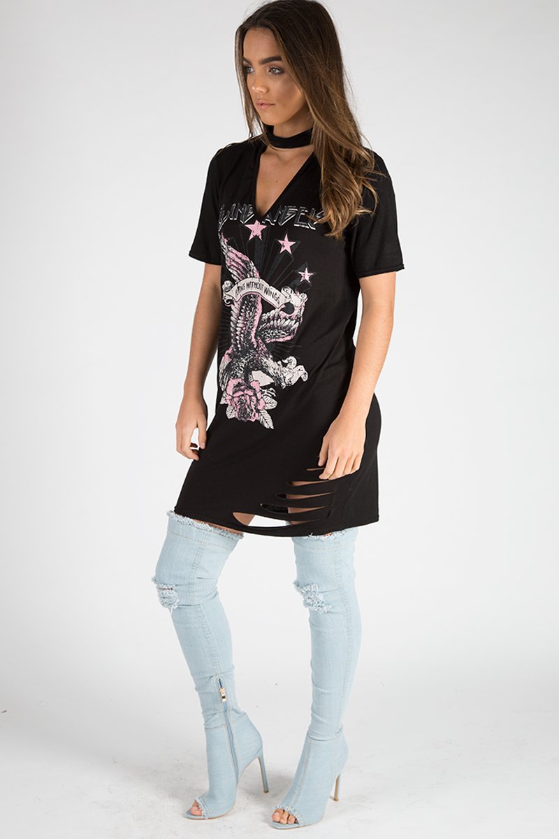 Black Flying Angel Cut Out Distressed T Shirt Dress - Amber-Dresses
