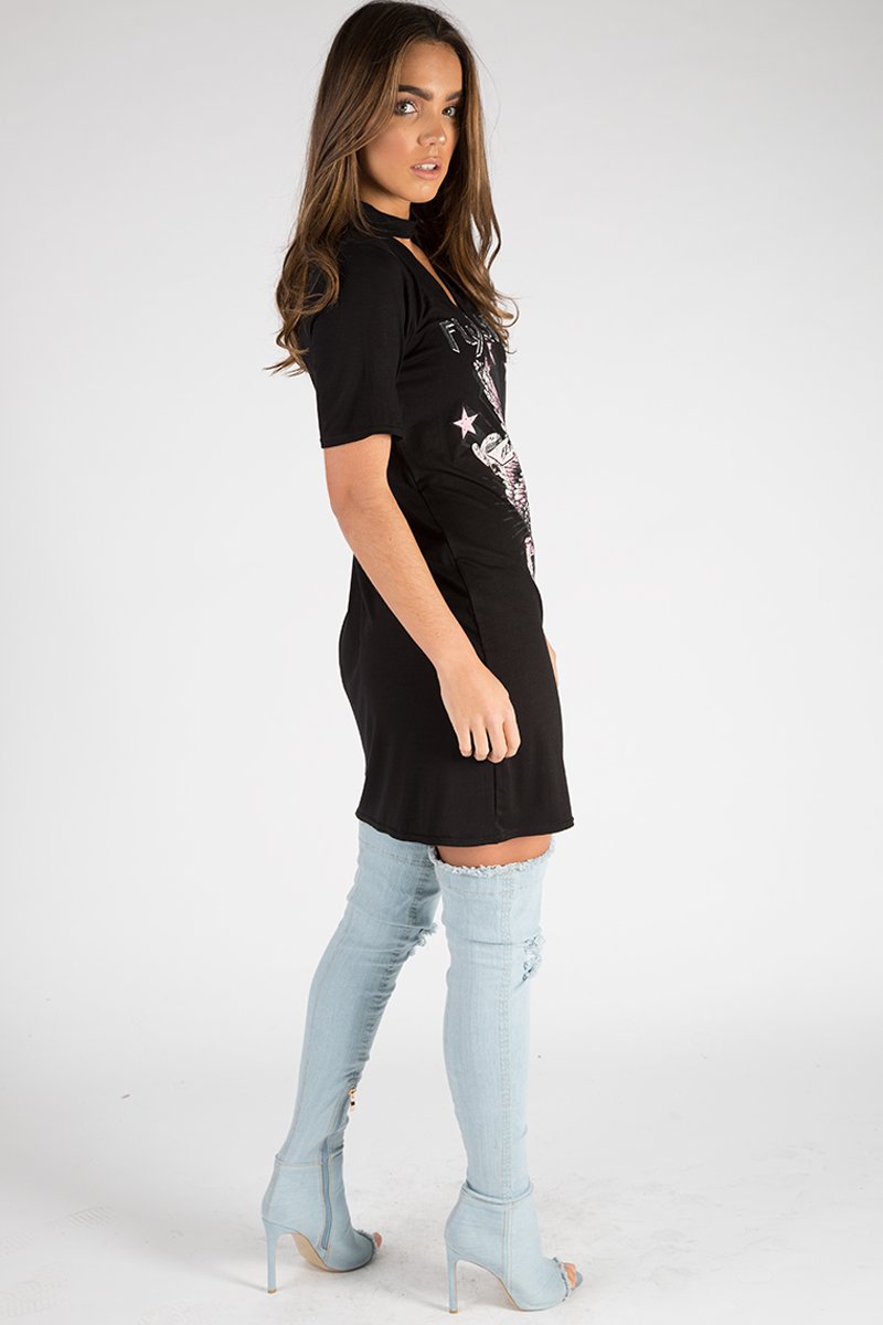 Black Flying Angel Cut Out Distressed T Shirt Dress - Amber-Dresses